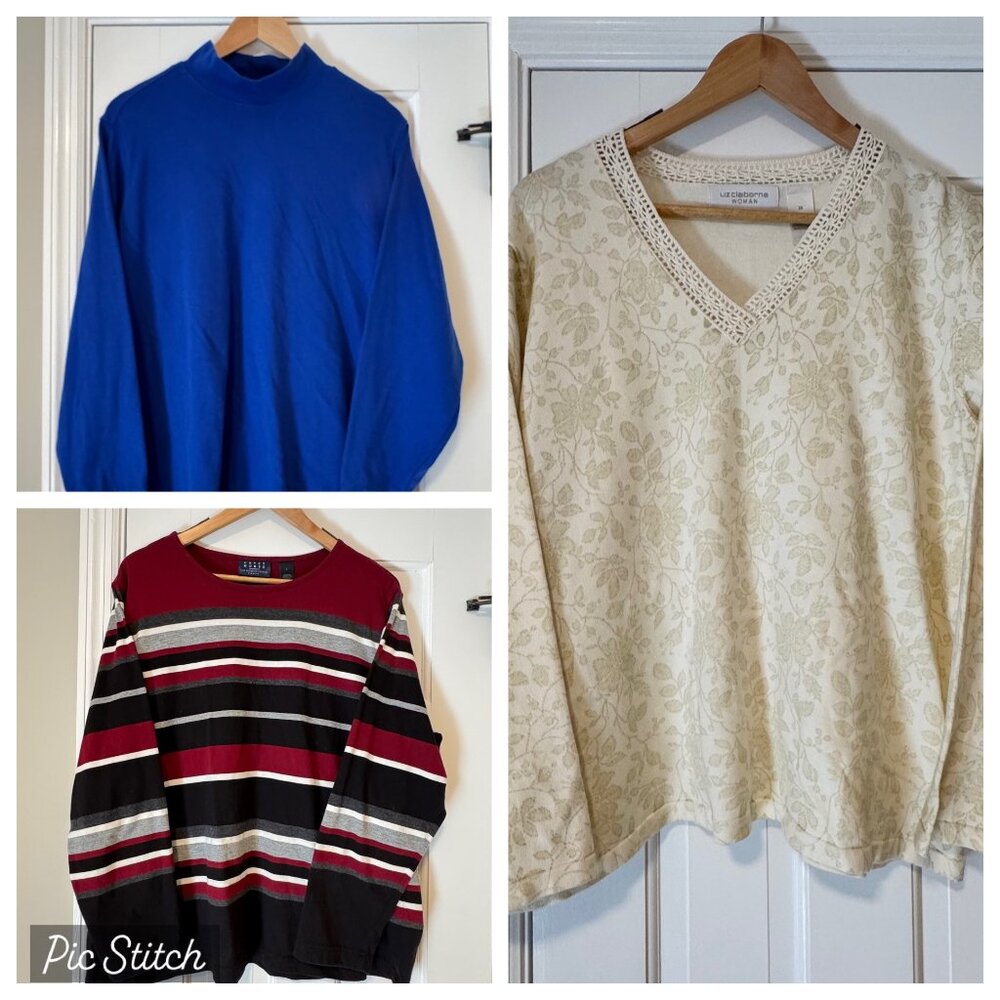 Bundle Lot Women Plus 2X L/S Shirts Lands End Blue & Liz Claiborne Floral Stripe